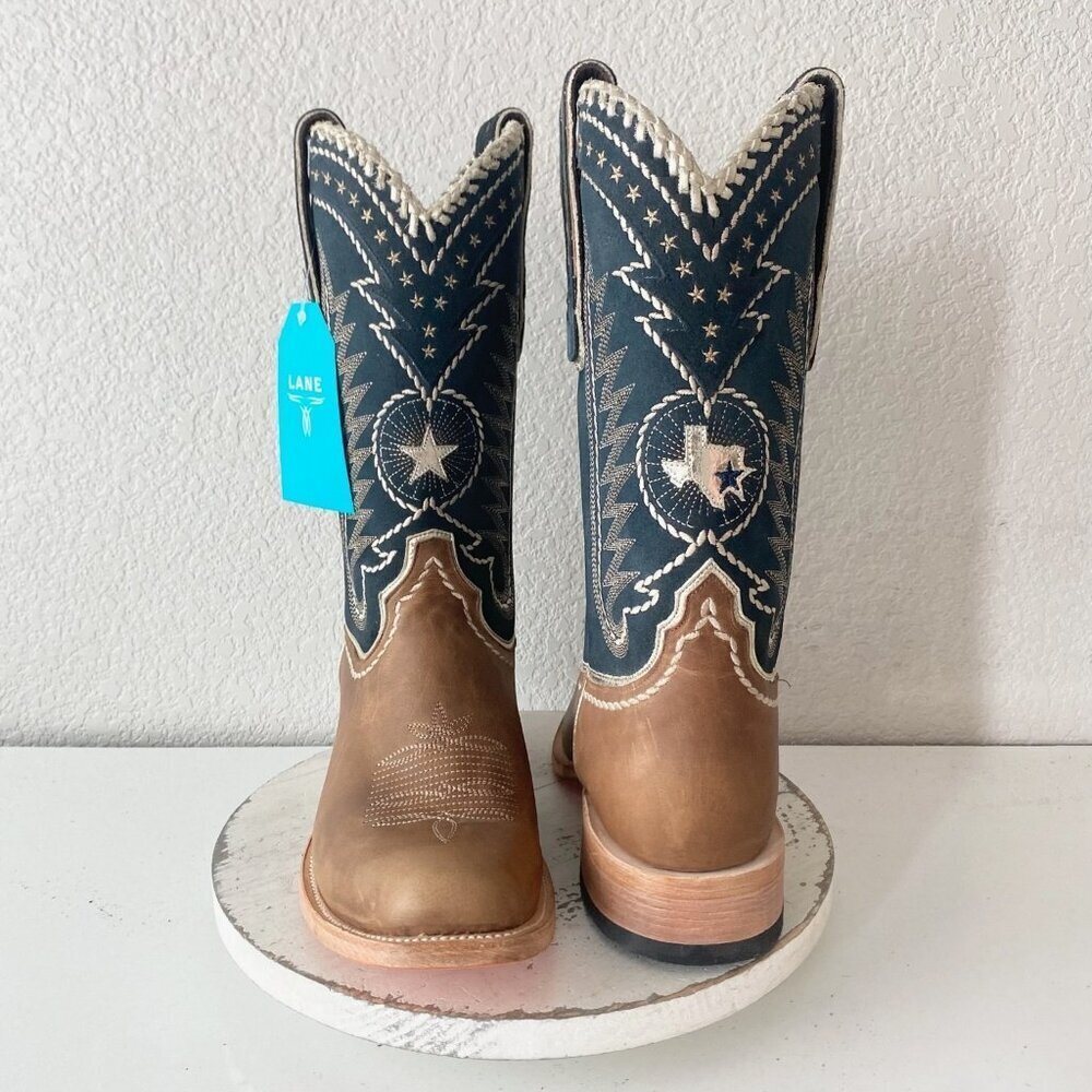Lane Rodeo Houston Mens Cowboy Boots Brown Blue Leather Western Blunt Toe 12.5D
